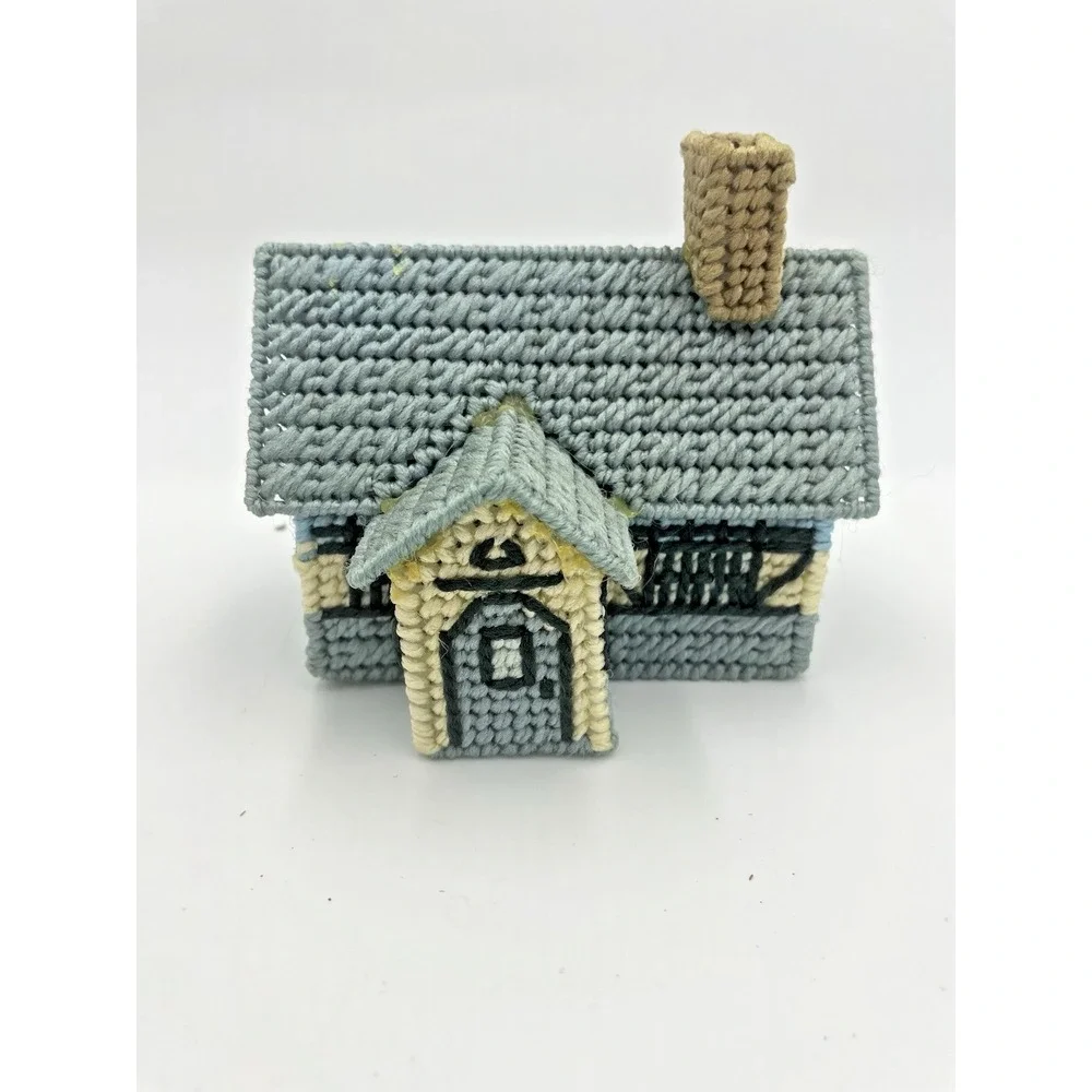 Vtg 70s Handmade Yarn Needlepoint Completed‎ 2 Cottage Houses Plastic Canvas